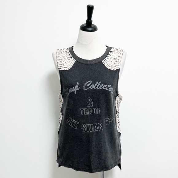 We The Free Washed Out Black Ivory Lace Sleeveless Bulls Eye Graphic Top small - Picture 2 of 10